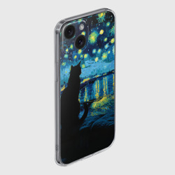 Чехол для iPhone 15 силиконовый с защитой камеры Звездная ночь над Роной и кот - Ван Гог - фото 2