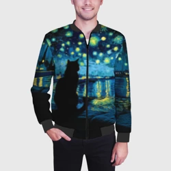 Мужской бомбер 3D Звездная ночь над Роной и кот - Ван Гог - фото 2