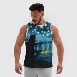 Мужская спортивная майка 3D Звездная ночь над Роной и кот - Ван Гог - фото 2