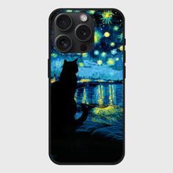 Чехол силиконовый для Apple iPhone 15 Pro матовый Звездная ночь над Роной и кот - Ван Гог