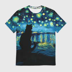 Мужская футболка 3D Звездная ночь над Роной и кот - Ван Гог