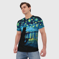 Мужская футболка 3D Звездная ночь над Роной и кот - Ван Гог - фото 2