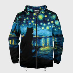 Мужская ветровка 3D Звездная ночь над Роной и кот - Ван Гог