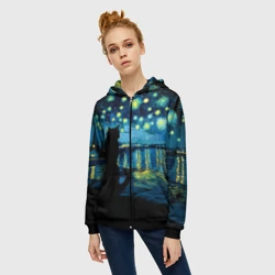 Женская толстовка 3D на молнии Звездная ночь над Роной и кот - Ван Гог - фото 2