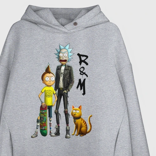 Женское худи Oversize хлопок с принтом Рыжий кот притулился к Морти и Рику, фото на моделе #1