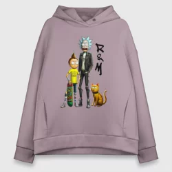 Женское худи Oversize хлопок Рыжий кот притулился к Морти и Рику