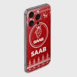 Чехол для iPhone 15 Pro Max силиконовый с защитой камеры Новогодний Saab с оленями - фото 2