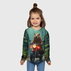 Детский лонгслив 3D Капибара на мотоцикле в джунглях - фото 2