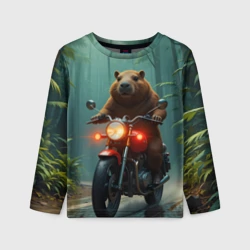 Детский лонгслив 3D Капибара на мотоцикле в джунглях