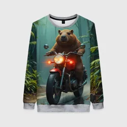 Женский свитшот 3D Капибара на мотоцикле в джунглях