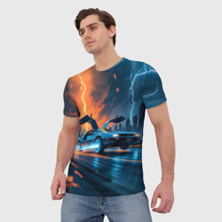 Мужская футболка 3D Автомобиль и ночные молнии - фото 2