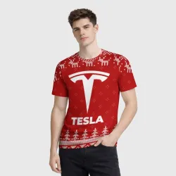 Мужская футболка 3D Новогодний Tesla с оленями - фото 2