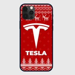 Чехол для iPhone 12 Pro Новогодний Tesla с оленями