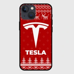 Чехол для iPhone 13 mini Новогодний Tesla с оленями