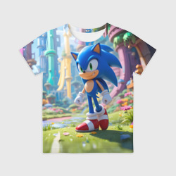 Детская футболка 3D Соник на зеленой лужайке