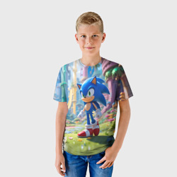 Детская футболка 3D Соник на зеленой лужайке - фото 2