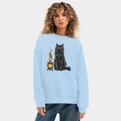 Женский свитшот oversize без начеса хлопок Кот с печкой - фото 2