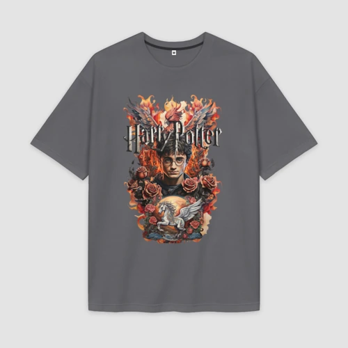 Мужская футболка Oversize хлопок premium Гарри Поттер на фоне феникса и пегаса