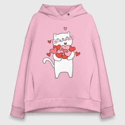 Женское худи Oversize хлопок Белый кот с охапкой сердец