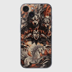Чехол для iPhone 15 силиконовый с защитой камеры Логотип король и шут на фоне мифических животных