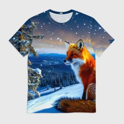 Мужская футболка 3D Лисичка в зимнем лесу