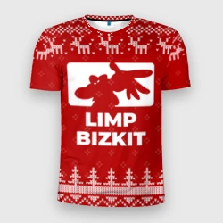 Мужская футболка 3D Slim Новогодний Limp Bizkit с оленями