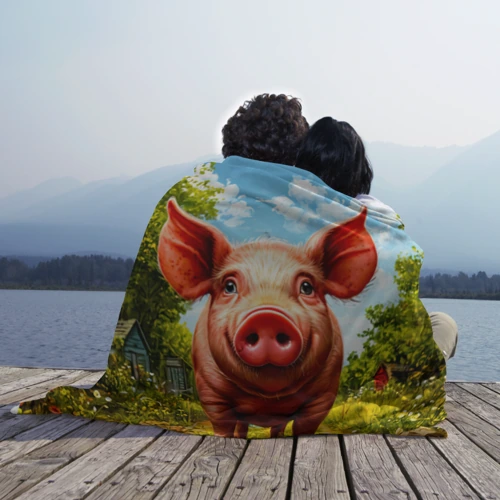 Плед 3D с принтом Свинка в деревне, вид сбоку #3