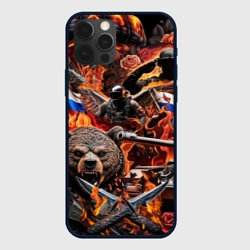 Чехол для iPhone 12 Pro Русский медведь воин на фоне военной техники