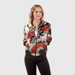 Женский бомбер 3D Красный дракон в японском стиле ирезуми - фото 2