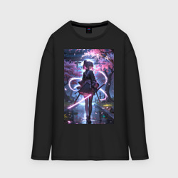 Мужской лонгслив oversize хлопок Девушка с катаной на фоне цветущей сакуры