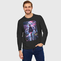 Мужской лонгслив oversize хлопок Девушка с катаной на фоне цветущей сакуры - фото 2
