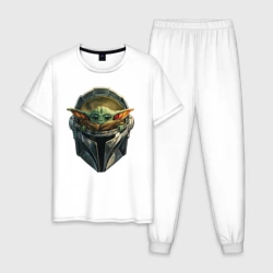 Мужская пижама с белой футболкой хлопок Малыш Грогу в шлеме Мандалорец