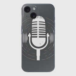 Чехол для iPhone 15 силиконовый с защитой камеры Микрофон на сером фоне