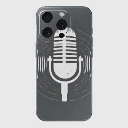 Чехол для iPhone 15 Pro силиконовый с защитой камеры Микрофон на сером фоне