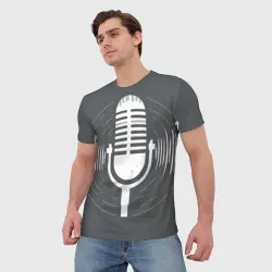 Мужская футболка 3D Микрофон на сером фоне - фото 2