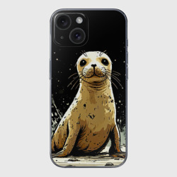 Чехол для iPhone 15 силиконовый с защитой камеры Тюлень на черном