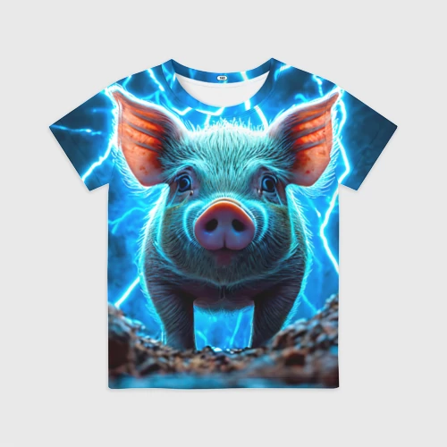 Детская футболка 3D с принтом Свинья и разряды молний, вид спереди #2