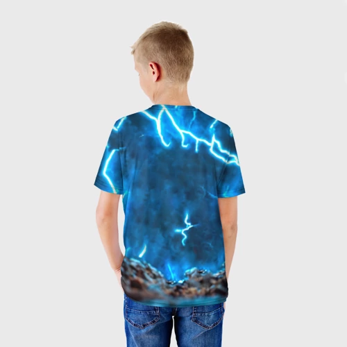 Детская футболка 3D с принтом Свинья и разряды молний, вид сзади #2