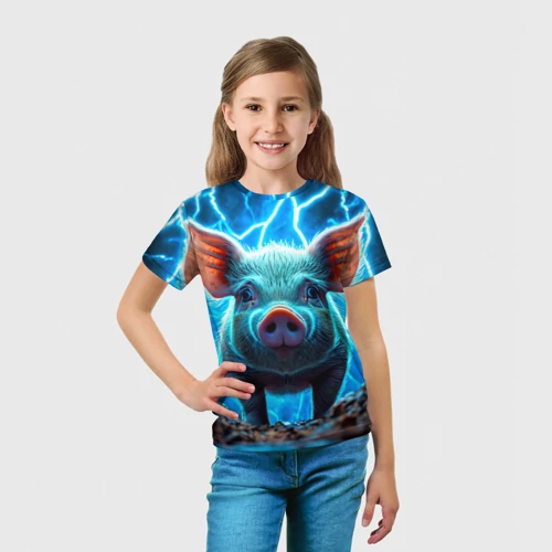 Детская футболка 3D с принтом Свинья и разряды молний, вид сбоку #3