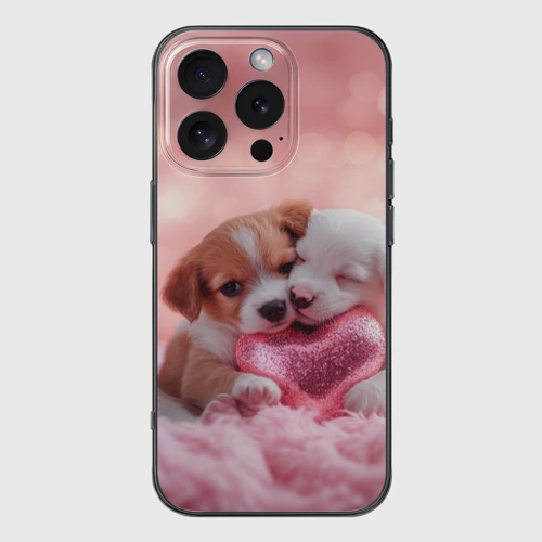 Чехол для iPhone 16 Pro силиконовый с защитой камеры Милые щенки и сердце