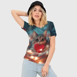 Женская футболка 3D Slim Кошка с  сердцем - фото 2