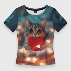 Женская футболка 3D Slim Кошка с  сердцем