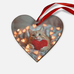 Деревянная игрушка Сердце Рыжий кот держит сердечко 
