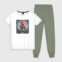 Женская пижама с белой футболкой хлопок Девочка эмо анархистка с велосипедом - дождь и кошки ночью под луной