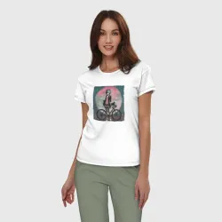 Женская пижама с белой футболкой хлопок Девочка эмо анархистка с велосипедом - дождь и кошки ночью под луной - фото 2