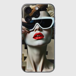 Чехол для iPhone 16 Pro Max силиконовый с защитой камеры Коллаж с девушкой в очках