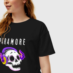 Женская футболка хлопок Oversize Paramore - неоновый череп - фото 2