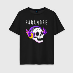 Женская футболка хлопок Oversize Paramore - неоновый череп