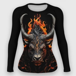 Женский рашгард 3D Голова быка в пламени огня