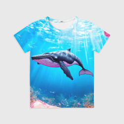 Детская футболка 3D Кит на розовых скалах